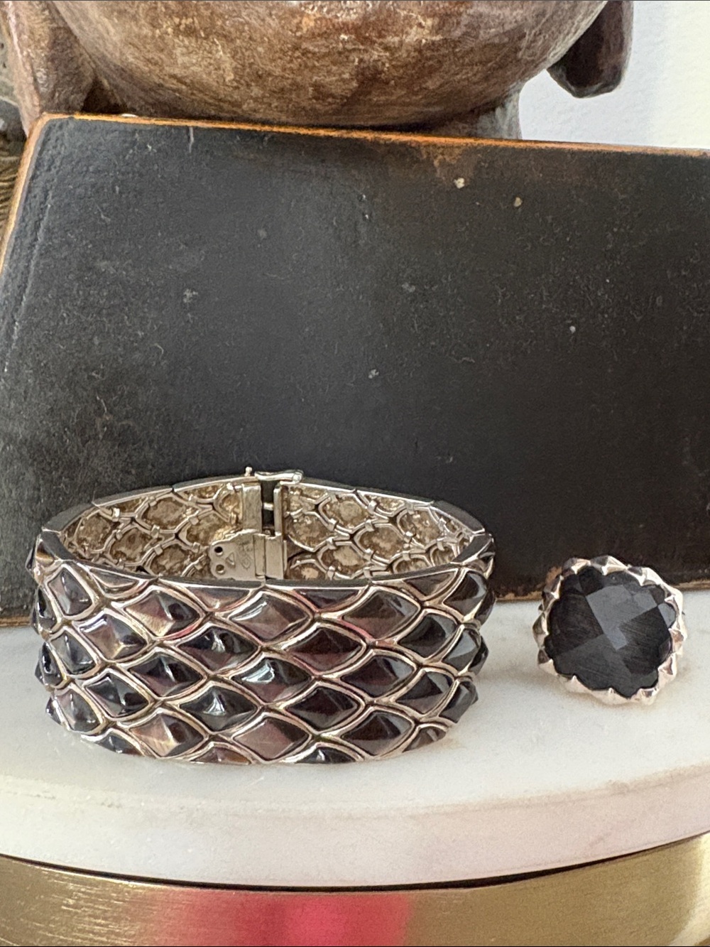 David Yurman Black and Silver  Interlaced Wide Bracelet with Black Faceted Ring